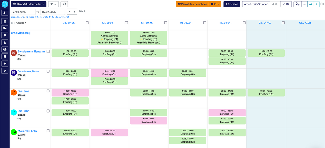 QPlaner Dienstplan Software: Bildschirmfoto der Kalenderansicht Plantafel(Mitarbeiter)