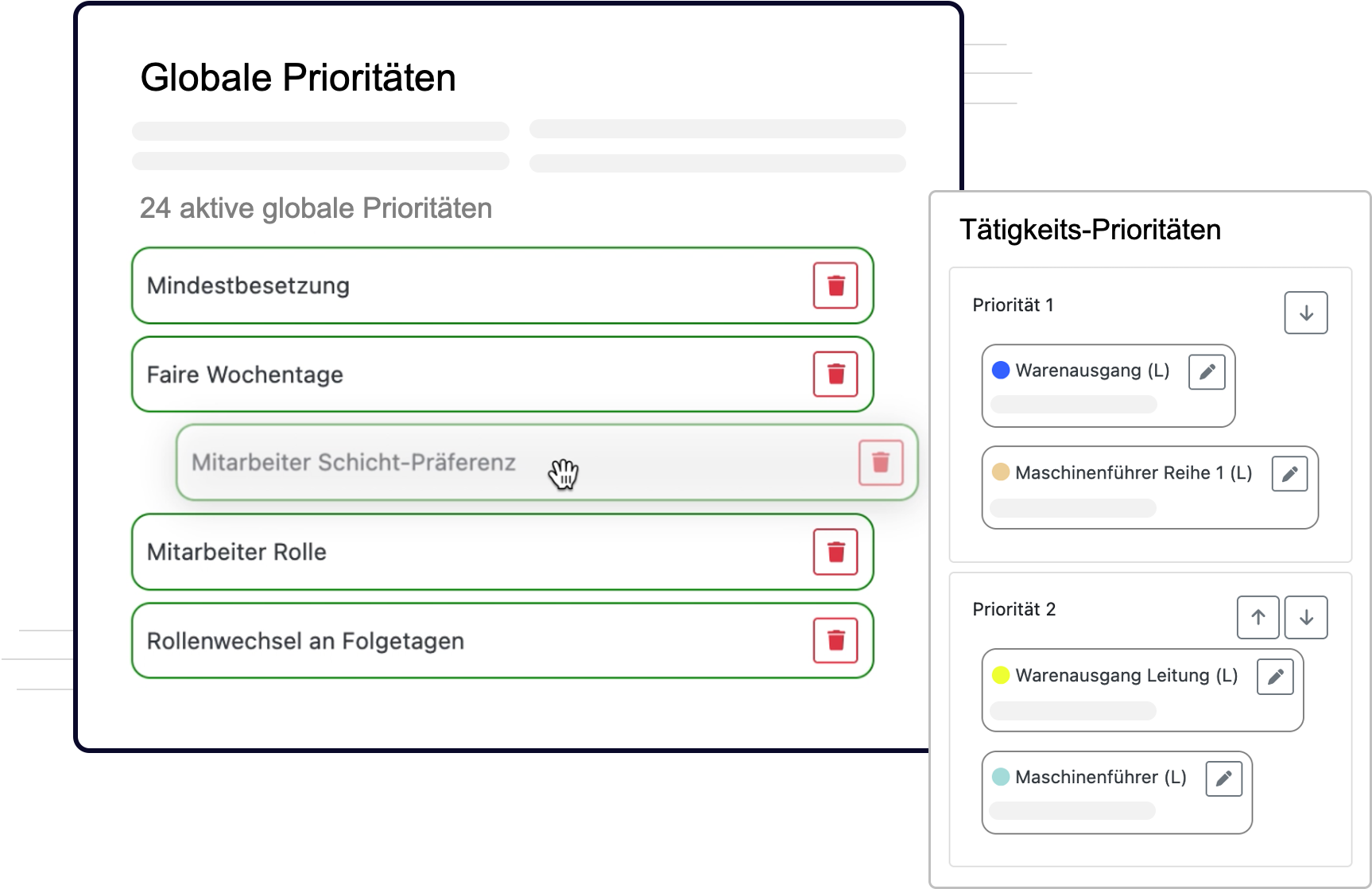 Bildschirmfoto der QPlaner Software, welches ein Teil der möglichen globalen Prioritäten für die Schichtplan-Berechnung zeigt.
