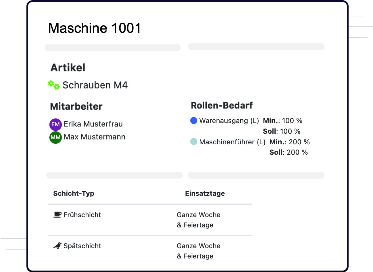 Ausschnitt aus dem QPlaner Programm, welches ein Teil der Maschinen/Mitarbeitereinstellungen zeigt.