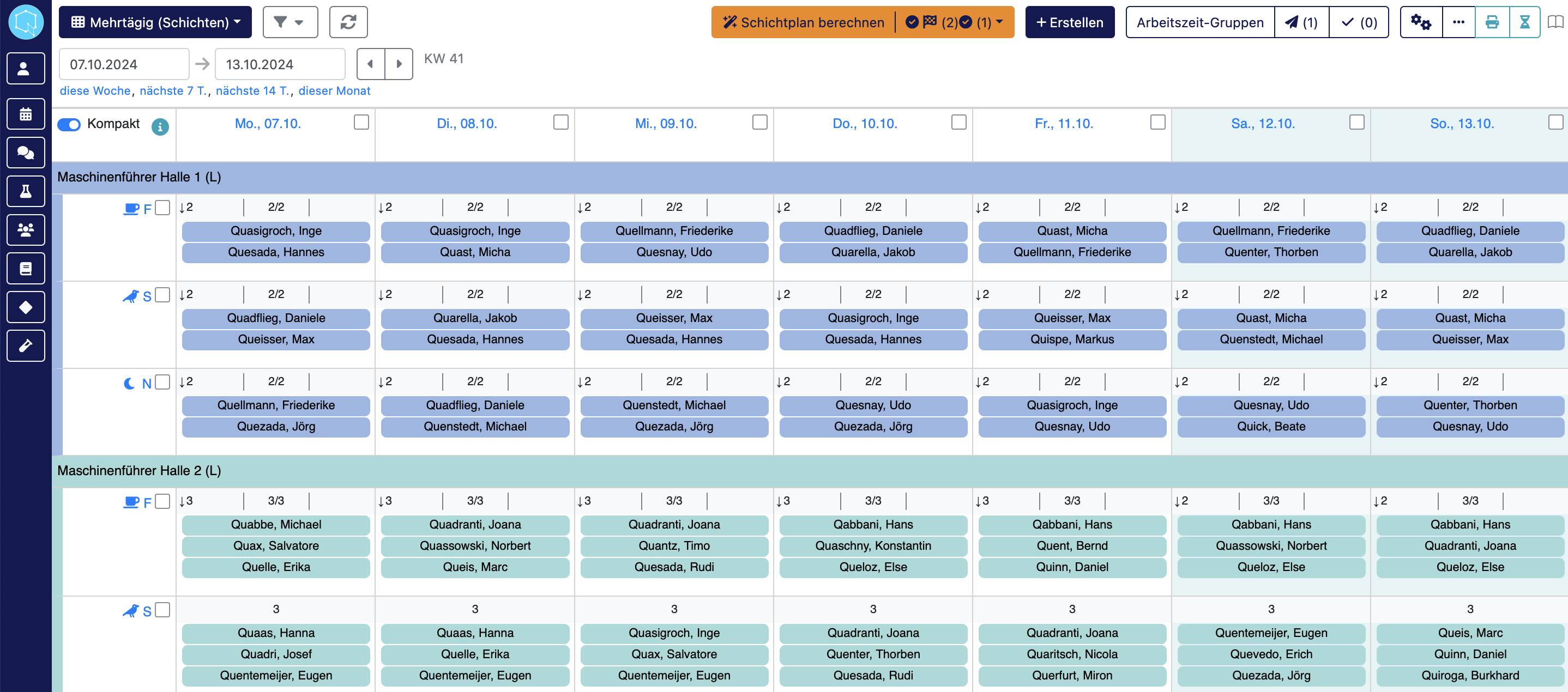 QPlaner Schichtplan Software Bildschirmfoto von der Kalenderansicht Mehrtägig(Schichten)