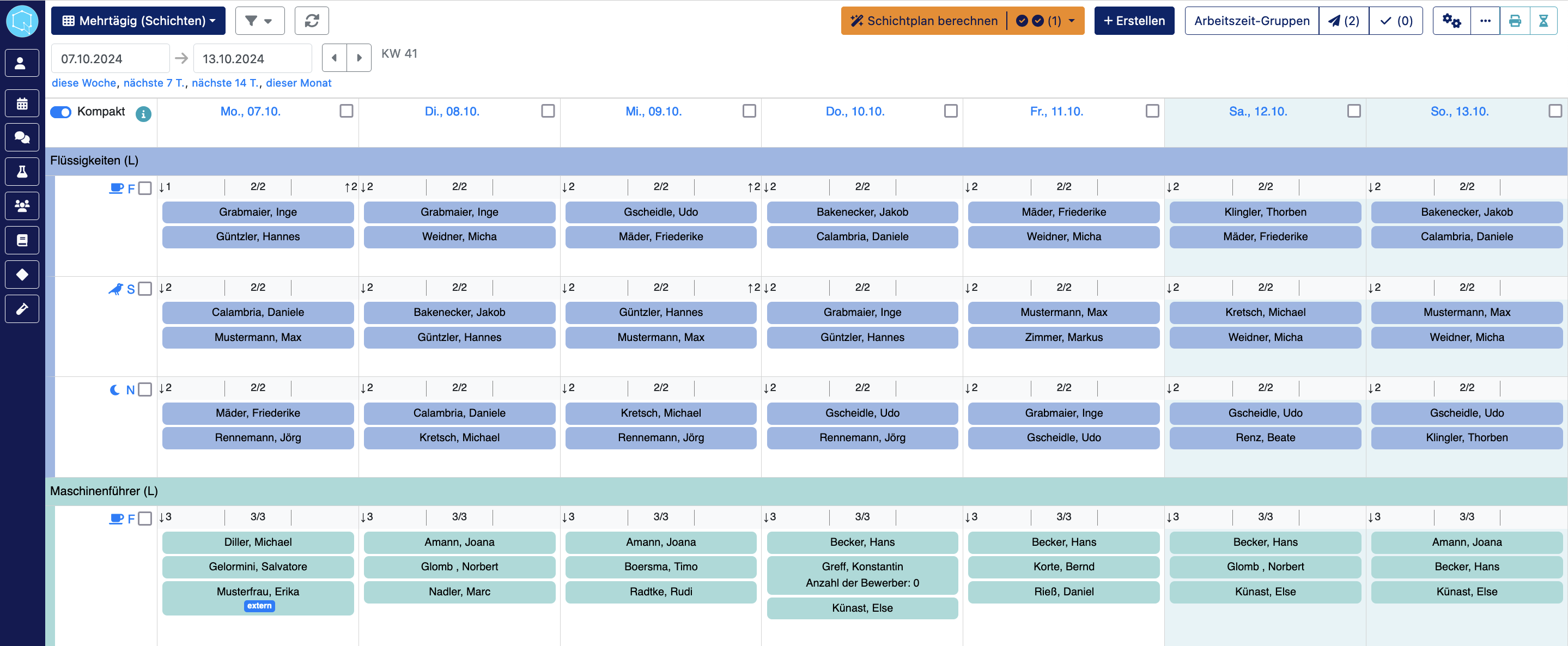 Bildschirmfoto von der Kalenderansicht Mehrtägig(Schichten) der QPlaner Software