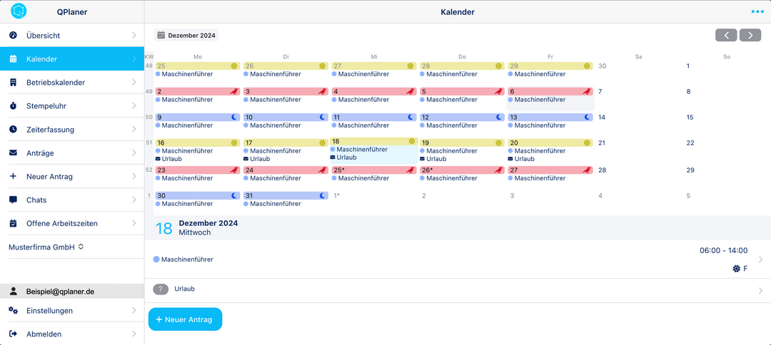 Bildschirmfoto der Webversion der QPlaner Mitarbeiter App für Dienstplanung, Schichtplanung und Zeiterfassung.