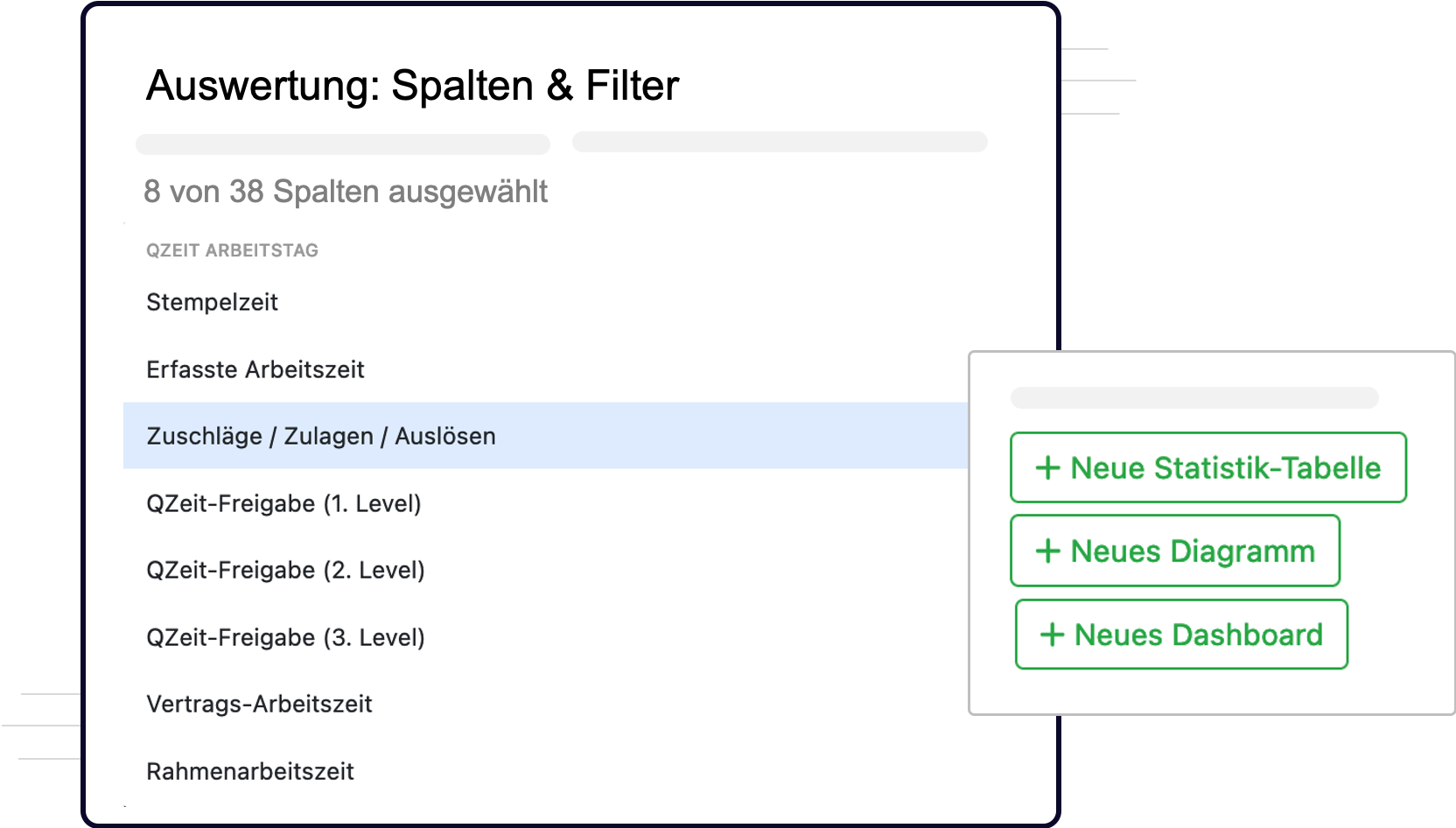 Bildschirmfoto des QPlaner Zeitwirtschaft Programms, welches ein Teil der Einstellungsmöglichkeiten für Statistiken, Diagramm und Dashboards zeigt.