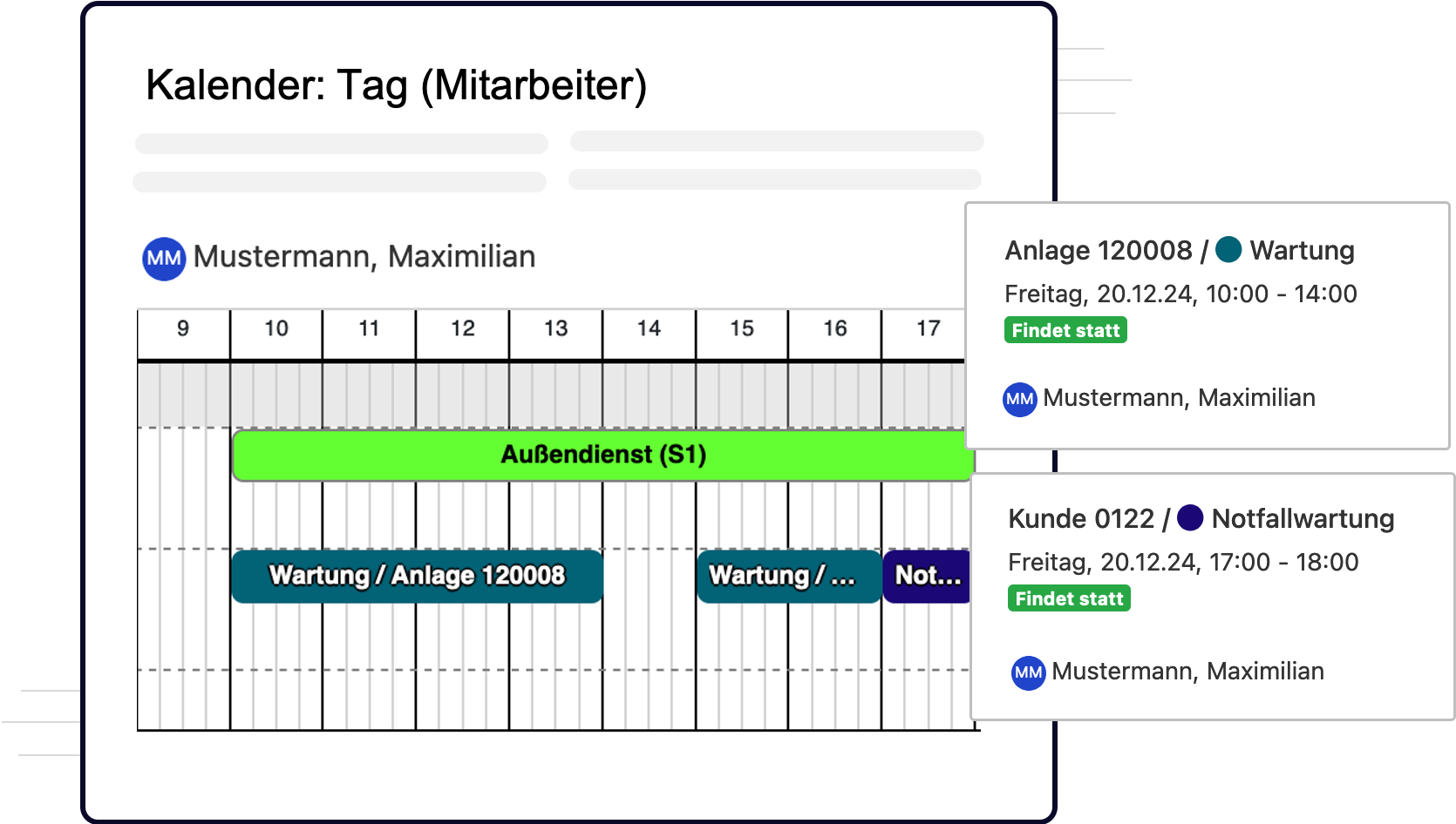 Bildschirmfoto der QPlaner Software, welches einen Ausschnitt der Kalenderansicht Tag(Mitarbeiter) zeigt. 
