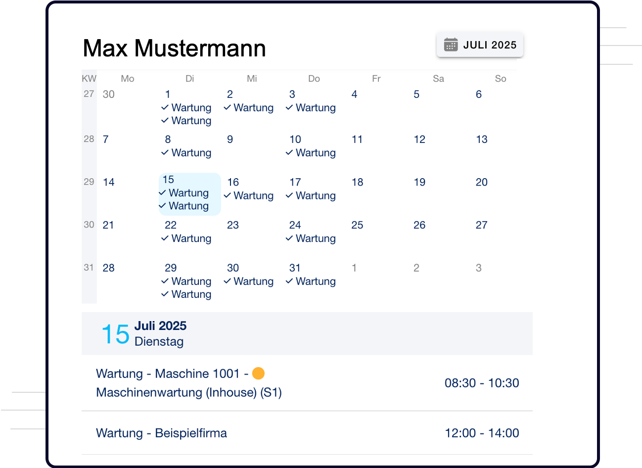 Bildschirmfoto der QPlaner Software, welches einen Ausschnitt aus der Mitarbeiter-App zeigt wenn Termine eingesehen werden sollen.