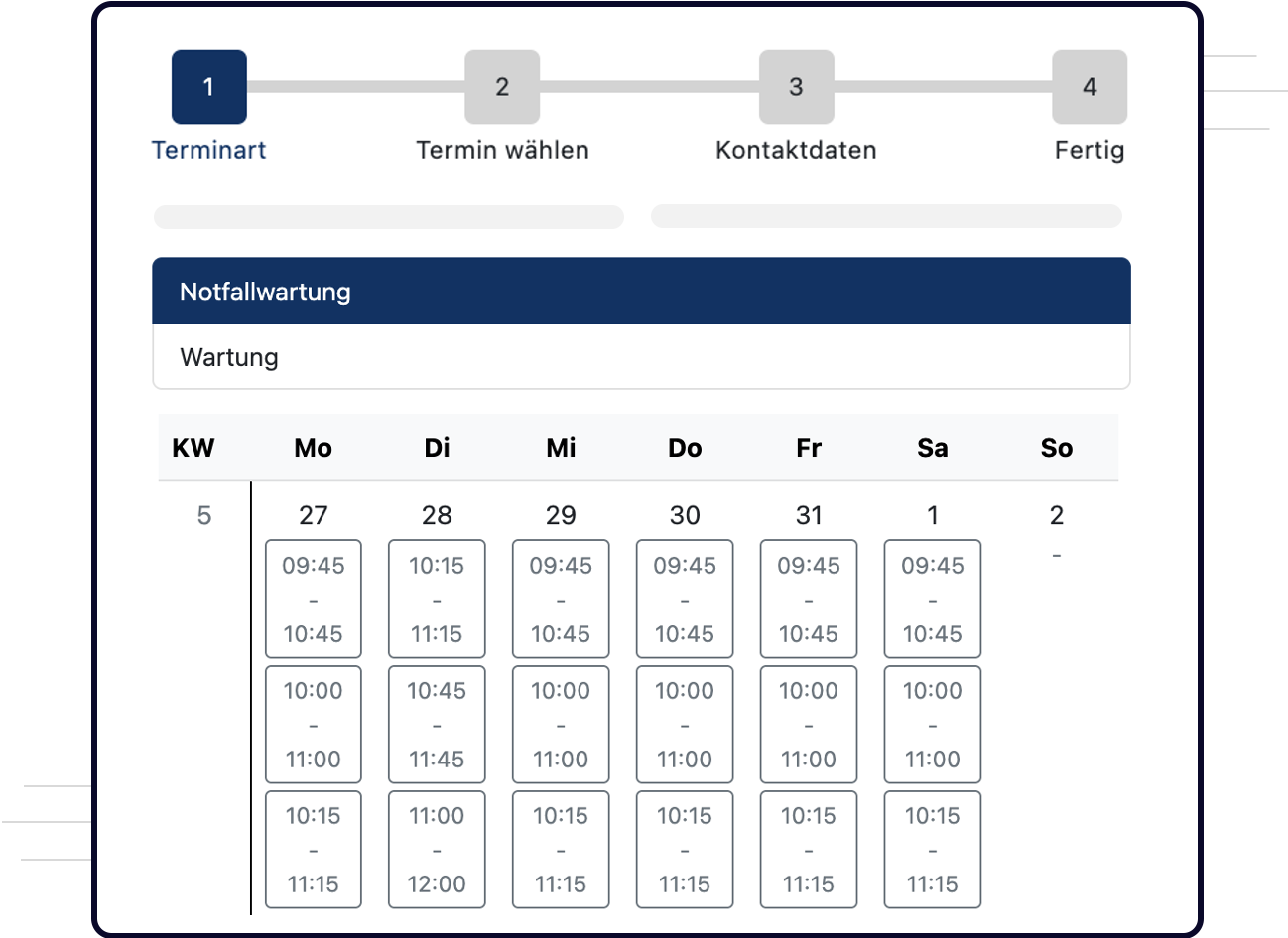 Ausschnitt der QPlaner Software, welcher einen Teil des Terminbuch-Kundenportals zeigt.