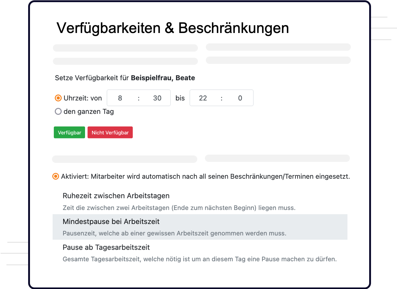 Bildschirmfoto des QPlaner Dienstplan Tools, welches einen Teil der Verfügbarkeiten und Einstellungsmöglichkeiten von Mitarbeitenden zeigt.